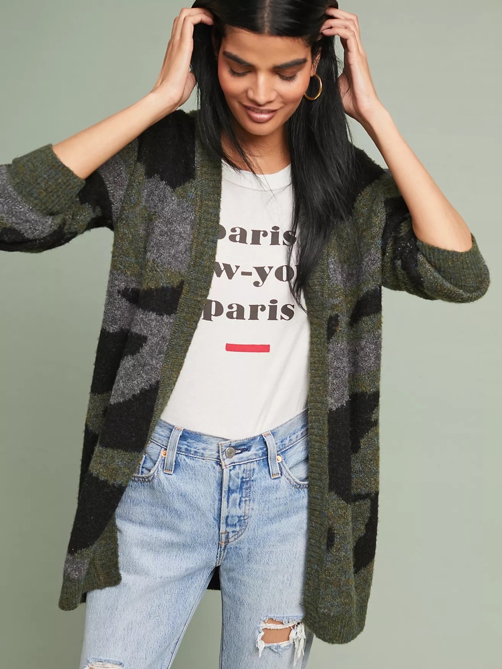 Moth Anthropologie Camo Longline Open Front Cardigan Sweater M Relaxed Fit